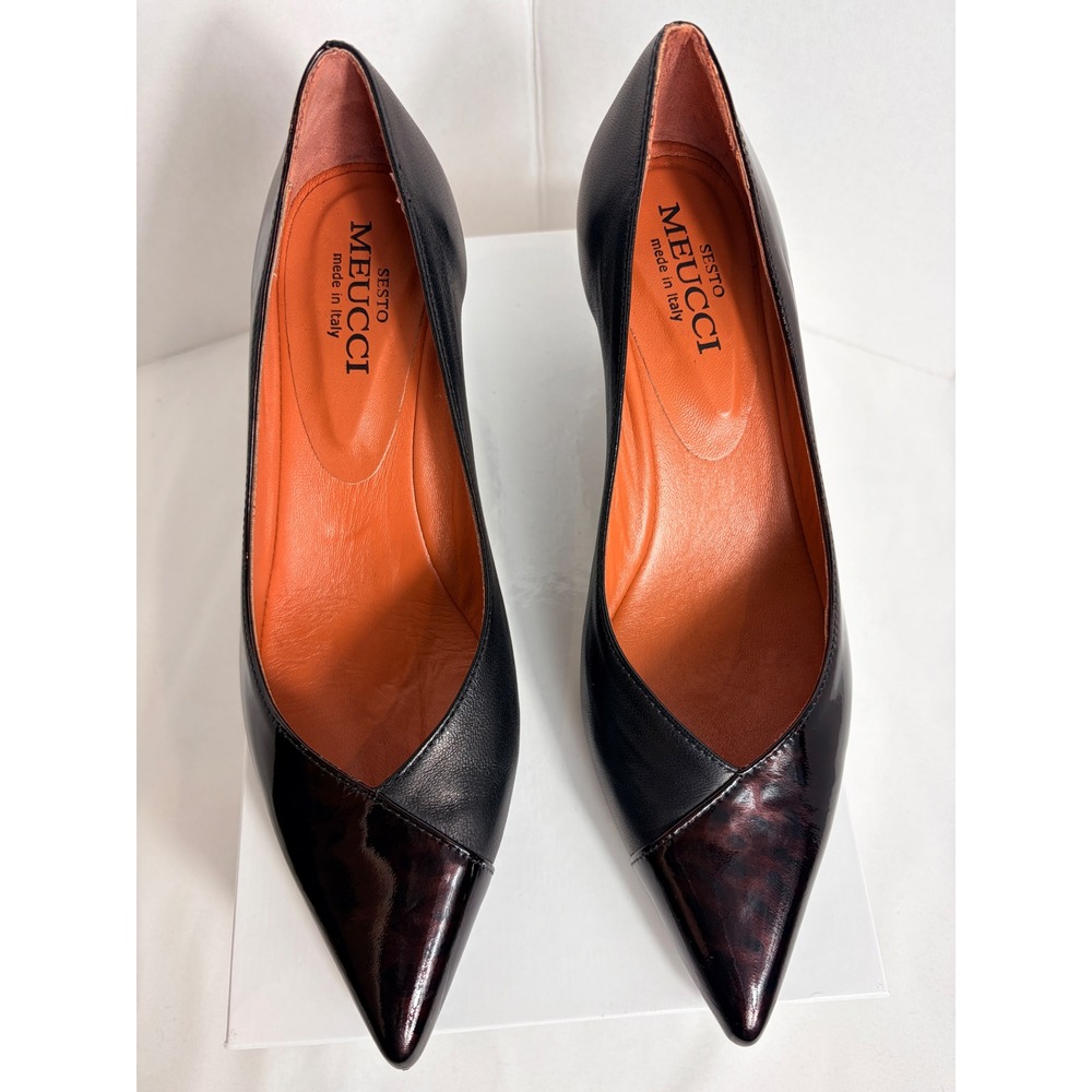 Sesto Meucci Women Pumps Black Brown Regent Patent Leather Kitten Heel 8 M